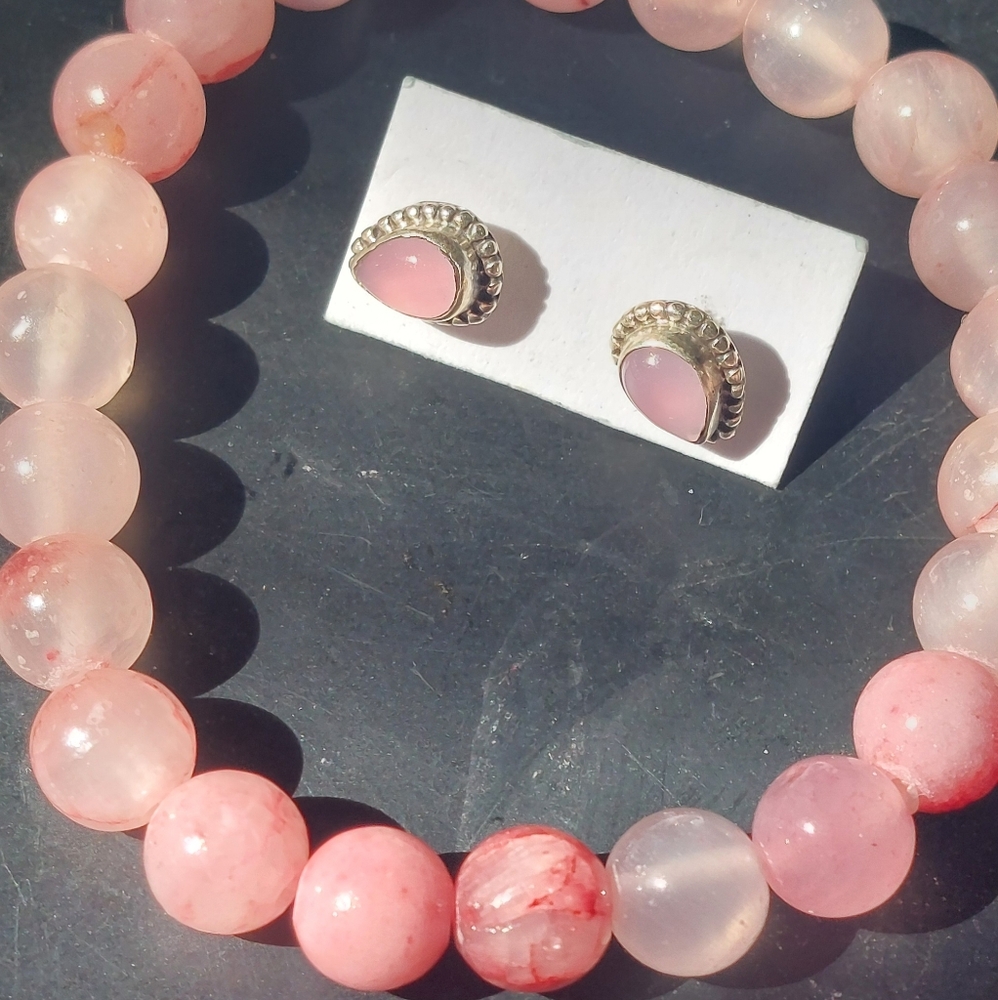 Rose quartz sterling silver studs with strawberry quartz bracelet